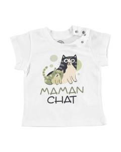 T-shirt Bébé Manche Courte Blanc Maman Chat et son Chaton Dessin Illustration Bebe