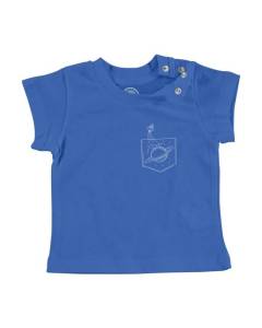 T-shirt Bébé Manche Courte Bleu Poche Surprise Fusée Spatial Planète Jupiter Dessin