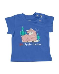 T-shirt Bébé Manche Courte Bleu No Prob-llama Dessin Lama Illustration Cactus Chill