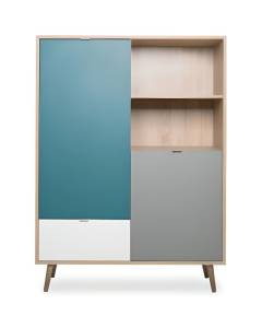 Buffet haut - Chêne Sonoma, blanc, gris et bleu - Style scandinave - CUBA - L 103 x P 40 x H 139  cm