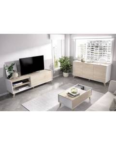 Ensemble meuble TV table basse buffet NESS - Mélaminé - Style scandinave - Chêne et blanc