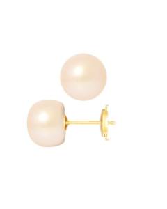 PERLINEA - Boucles d'Oreilles - Véritables Perles de Culture d'Eau Douce Boutons 9-10 mm Rose Naturel - Or Jaune - Bijoux Femme