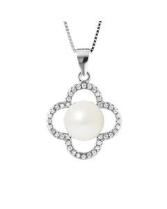 PERLINEA - Collier Trèfle - Perle de Culture d'Eau Douce AAA+ Bouton 9-10 mm - Blanc Naturel - Argent 925 Millièmes - Bijoux Femme