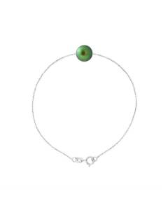 PERLINEA - Bracelet - Véritable Perle de Culture d'Eau Douce 8-9 mm Vert Intense - Argent 925 Millièmes - Bijoux Femme