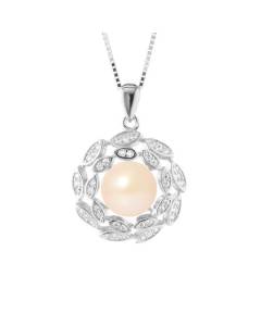 PERLINEA - Collier Corolle - Perle de Culture d'Eau Douce AAA+ - Bouton 8-9 mm - Rose Naturel - Argent 925 Millièmes - Bijoux Femme