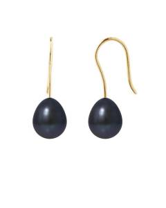 PERLINEA - Boucles d'Oreilles Crochet - Véritables Perles de Culture d'Eau Douce Noires Poires 7-8 mm - Or Jaune - Bijoux Femme
