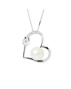 PERLINEA - Collier Love - Perle de Culture d'Eau Douce AAA+ - Bouton 9-10 mm - Blanc Naturel - Argent 925 Millièmes - Bijoux Femme