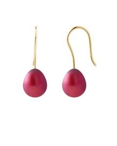 PERLINEA - Boucles d'Oreilles - Véritables Perles de Culture d'Eau Douce Poires 7-8 mm Rouge Cerise - Or Jaune - Bijoux Femme