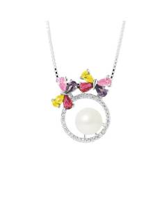 PERLINEA - Collier Flowers - Perle de Culture d'Eau Douce AAA+ Bouton 9-10 mm - Blanc Naturel - Argent 925 Millièmes - Bijoux Femme