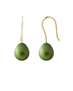 PERLINEA - Boucles d'Oreilles - Véritables Perles de Culture d'Eau Douce Poires 7-8 mm Vert Intense - Or Jaune - Bijoux Femme