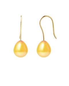 PERLINEA - Boucles d'Oreilles Crochet - Véritables Perles de Culture d'Eau Douce Poires 7-8 mm Gold - Or Jaune - Bijoux Femme