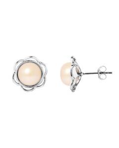 PERLINEA - Boucles d'Oreilles - Fleur Perles de Culture d'Eau Douce Rose Naturel - Argent 925 Millièmes - Bijoux Femme