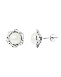 PERLINEA - Boucles d'Oreilles Fleur - Véritables Perles de Culture d'Eau Douce 8-9 mm Blanc Naturel - Argent 925 Millièmes - Bijoux
