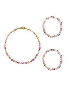 Box collier bébé / 2 bracelets Adulte - Ambre et pierres naturelles - Lemon / Quartz Rose / Calcédoine Jaune Rose Et Rose Clair