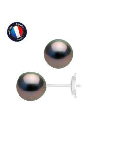 PERLINEA - Boucles d'Oreilles - Véritables Perles de Culture de Tahiti 8-9 mm - Système Sécurité - Or Blanc Naturel - Bijoux Femme