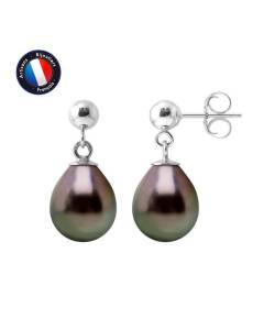 PERLINEA - Boucles d'Oreilles Comète - Véritables Perles de Culture de Tahiti Ovales 8-9 mm - Or Blanc - Bijoux Femme