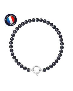 PERLINEA - Bracelet - Véritable Perle de Culture d'Eau Douce Semi-Ronde 5-6 mm Black Tahiti - Anneau Marin - Bijoux Femme