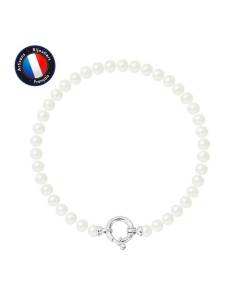 PERLINEA - Bracelet - Véritable Perle de Culture d'Eau Douce Semi-Ronde 5-6 mm Blanc Naturel - Anneau Marin - Bijoux Femme