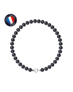 PERLINEA - Bracelet - Véritable Perle de Culture d'Eau Douce Semi-Ronde 5-6 mm Black Tahiti - Anneau Ressort - Bijoux Femme