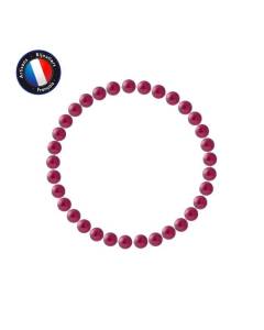 PERLINEA - Bracelet - Véritable Perle de Culture d'Eau Douce Ronde 5-6 mm Rouge Cerise - Elastique Haute Résistance- Bijoux Femme