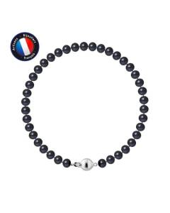 PERLINEA - Bracelet - Véritable Perle de Culture d'Eau Douce Semi-Ronde 5-6 mm Black Tahiti - Fermoir Boule - Bijoux Femme