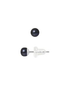 PERLINEA - Clous d'Oreilles - Véritables Perles de Culture d'Eau Douce Noires Boutons 4-5 mm - Or Blanc - Bijoux Femme