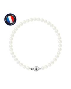 PERLINEA - Bracelet - Véritable Perle de Culture d'Eau Douce Semi-Ronde 5-6 mm Blanc Naturel - Fermoir Boule - Bijoux Femme
