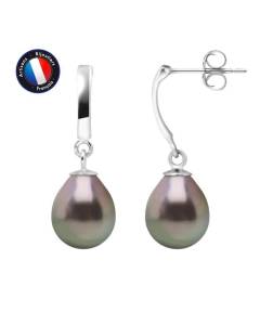 PERLINEA - Boucles d'Oreilles Gala - Véritables Perles de Culture de Tahiti 8-9 mm - Or Blanc - Bijoux Femme