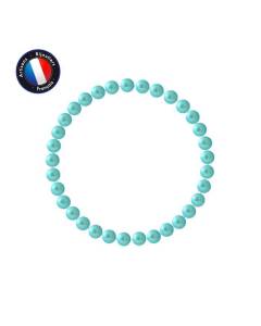 PERLINEA - Bracelet - Véritable Perle de Culture d'Eau Douce Ronde 5-6 mm Bleu Turquoise - Elastique Haute Résistance- Bijoux Femme