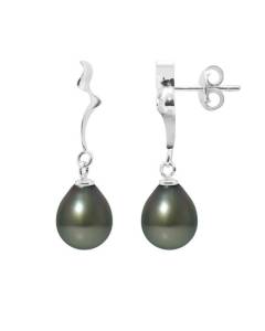 PERLINEA - Boucles d'Oreilles "Ruban" - Véritables Perles de Culture de Tahiti - 9-10 mm - Or Blanc - Bijoux Femme