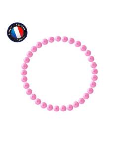 PERLINEA - Bracelet - Véritable Perle de Culture d'Eau Douce Ronde 5-6 mm Rose Fushia - Elastique Haute Résistance- Bijoux Femme