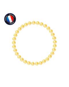 PERLINEA - Bracelet - Véritable Perle de Culture d'Eau Douce Ronde 5-6 mm Gold - Elastique Haute Résistance - Bijoux Femme