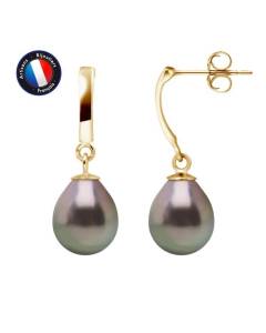 PERLINEA - Boucles d'Oreilles Gala - Véritables Perles de Culture de Tahiti 8-9 mm - Or Jaune - Bijoux Femme