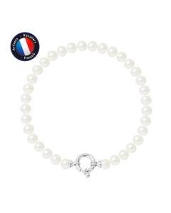 PERLINEA - Bracelet - Véritable Perle de Culture d'Eau Douce Semi-Ronde 6-7 mm Blanc Naturel - Anneau Marin - Bijoux Femme