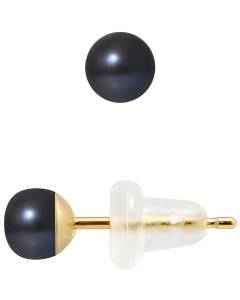 PERLINEA - Clous d'Oreilles - Véritables Perles de Culture d'Eau Douce Noires Boutons 4-5 mm - Or Jaune - Bijoux Femme