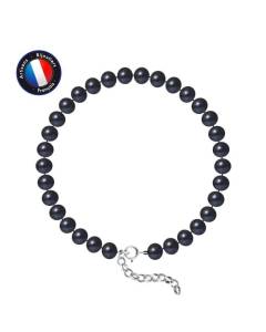 PERLINEA - Bracelet - Véritable Perle de Culture d'Eau Douce Semi-Ronde 6-7 mm Black Tahiti - Argent 925 Millièmes - Bijoux Femme