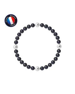 PERLINEA - Bracelet - Véritables Perles de Culture d'Eau Douce Rondes 5-6 mm Black Tahiti - Câble Elastiqué - Bijoux Femme