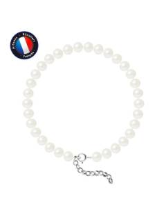 PERLINEA - Bracelet - Véritable Perle de Culture d'Eau Douce Semi-Ronde 6-7 mm Blanc Naturel - Argent 925 Millièmes - Bijoux Femme