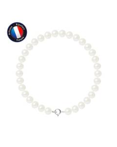 PERLINEA - Bracelet - Véritable Perle de Culture d'Eau Douce Semi-Ronde 6-7 mm Blanc Naturel - Anneau Ressort - Bijoux Femme
