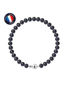 PERLINEA - Bracelet - Véritable Perle de Culture d'Eau Douce Semi-Ronde 6-7 mm Black Tahiti - Fermoir Boule - Bijoux Femme