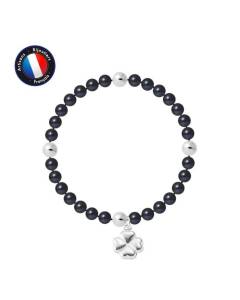 PERLINEA - Bracelet My Chance - Véritable Perle de Culture d'Eau Douce Ronde 5-6 mm Black Tahiti - Câble Elastiqué - Bijoux Femme