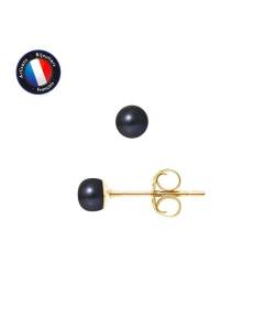 PERLINEA - Boucles d'Oreilles - Véritables Perles de Culture d'Eau Douce Noires Boutons 4-5 mm - Or Jaune - Bijoux Femme