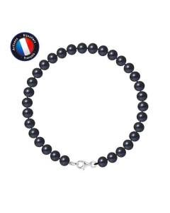 PERLINEA - Bracelet - Véritable Perle de Culture d'Eau Douce Semi-Ronde 6-7 mm Black Tahiti - Mousqueton - Bijoux Femme