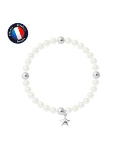 PERLINEA - Bracelet My Star - Véritable Perle de Culture d'Eau Douce Ronde 5-6 mm Blanc Naturel - Câble Elastiqué - Bijoux Femme