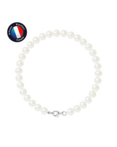PERLINEA - Bracelet - Véritable Perle de Culture d'Eau Douce Semi-Ronde 6-7 mm Blanc Naturel - Mousqueton - Bijoux Femme