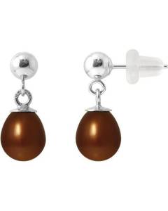 PERLINEA - Boucles d'Oreilles Comète - Véritables Perles de Culture d'Eau Douce Poires 6-7 mm Chocolat - Or Blanc - Bijoux Femme