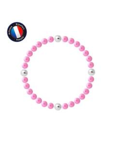 PERLINEA - Bracelet - Véritables Perles de Culture d'Eau Douce Rondes 5-6 mm Rose Naturel Fushia - Câble Elastiqué - Bijoux Femme