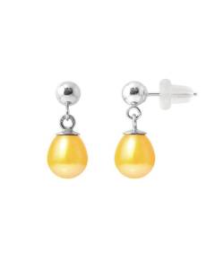 PERLINEA - Boucles d'Oreilles Comète - Véritables Perles de Culture d'Eau Douce Poires 6-7 mm Gold - Or Blanc - Bijoux Femme