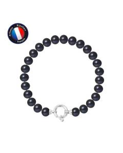 PERLINEA - Bracelet - Véritable Perle de Culture d'Eau Douce Semi-Ronde 7-8 mm Black Tahiti - Anneau Marin - Bijoux Femme