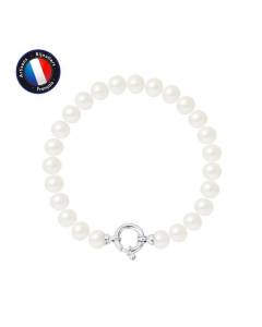 PERLINEA - Bracelet - Véritable Perle de Culture d'Eau Douce Semi-Ronde 7-8 mm Blanc Naturel - Anneau Marin - Bijoux Femme